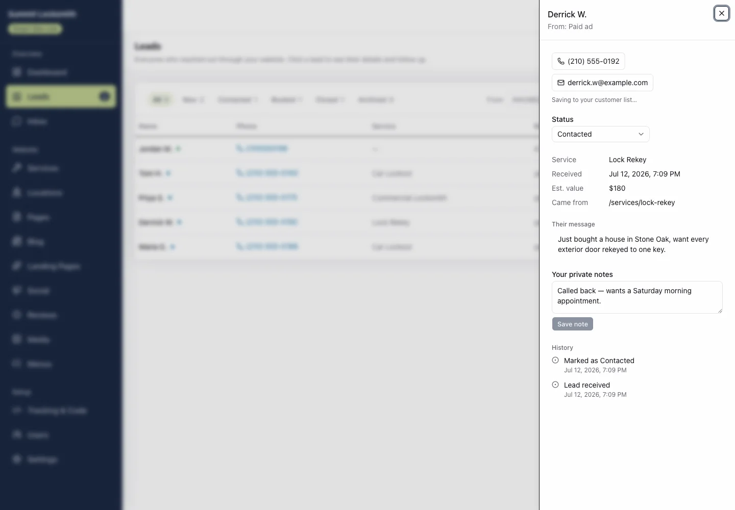Actual Bookly lead pipeline with a lead detail panel showing contact information, status, source, notes, and history