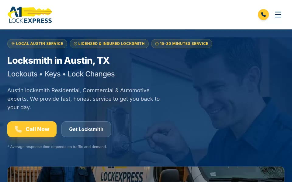 Homepage of A1 Lock Express, a locksmith website in Austin
