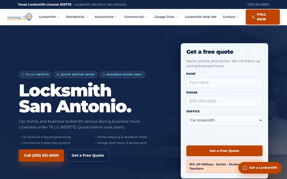 Homepage of Express Local Service, a multi-city locksmith website