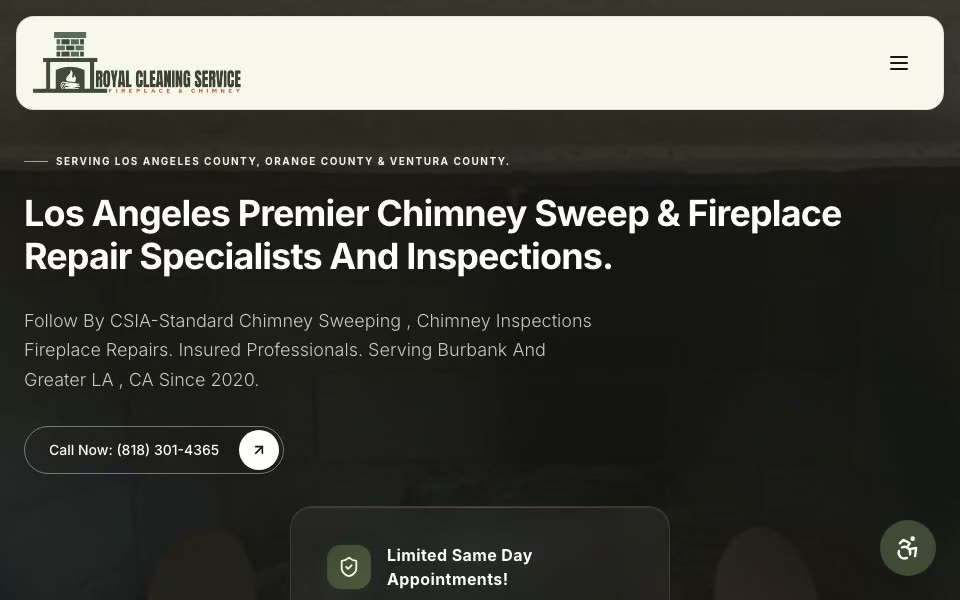 Homepage of Royal Cleaning, a chimney sweep and fireplace repair website in Los Angeles